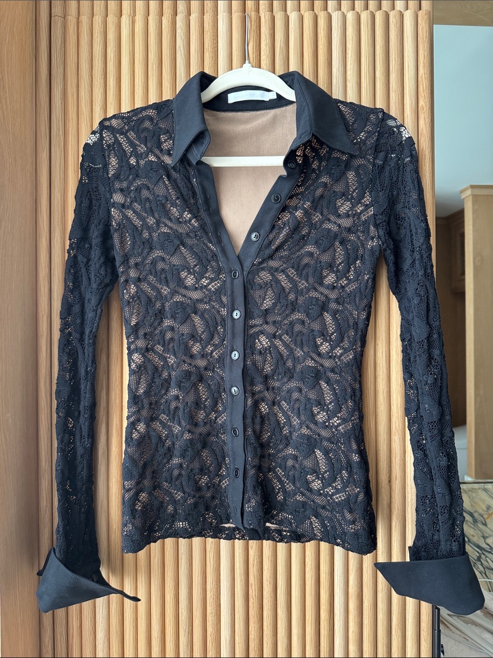 Anne Fontaine Black Sheer Lace Button-Down Shirt